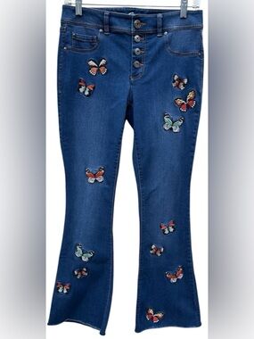 Y2K INC Embroidered Butterfly Stretch Button Down Flare Denim Jeans Size 4